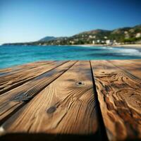 houten tafel top Aan wazig achtergrond van zee eiland en blauw lucht voor sociaal media post grootte ai gegenereerd foto