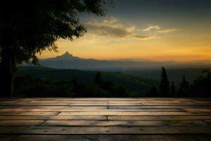 een pittoreske tafereel houten tafel met een zonsondergang, lucht, boom, bergen ai gegenereerd foto