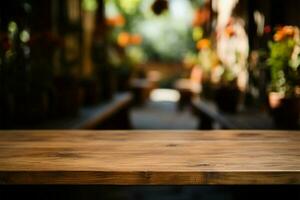 tuin wazig achtergrond complementen deze leeg houten tafel voor afzet ai gegenereerd foto