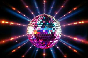 dynamisch 3d weergegeven disco bal glinstert tegen neon licht achtergrond ai gegenereerd foto