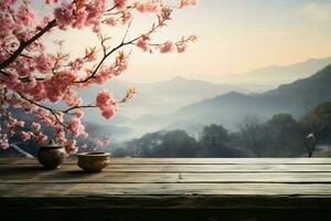 mistig ochtend- kalmte houten tafel versierd met sakura bloesems ai gegenereerd foto