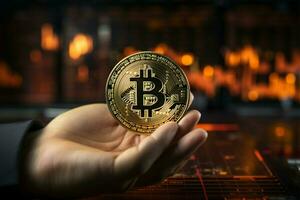 crypto valuta uitwisseling hand- Holding bitcoin met tabel backdrop ai gegenereerd foto