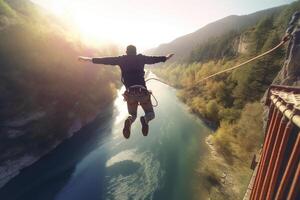 antenne visie van een Mens jumping over- de brug Bij zonsopkomst. ai gegenereerd foto