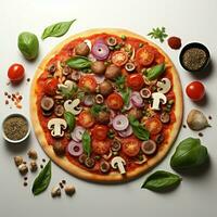 een minimalistische visie van smakelijk pizza ingrediënten, krokant geïsoleerd Aan wit voor sociaal media post grootte ai gegenereerd foto