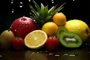 een verzameling van exotisch fruit, presentatie van water druppels sieren de randen ai gegenereerd foto
