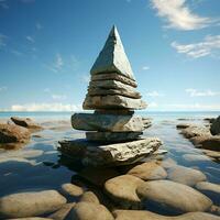 aan het strand relikwie stenen gestapeld net zo een piramide, met uitzicht de expansief zee uitgestrektheid voor sociaal media post grootte ai gegenereerd foto
