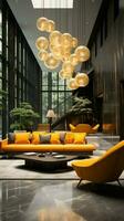 3d weergegeven luxe hotel ontvangst hedendaags salon, opvallend geel zitplaatsen verticaal mobiel behang ai gegenereerd foto