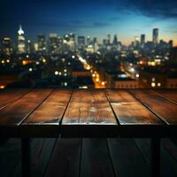 's nachts atmosfeer houten tafel met stad gebouwen zacht wazig in de backdrop voor sociaal media post grootte ai gegenereerd foto