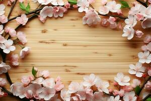 sakura bloemen in een bamboe kader, een lente viering van natuur ai gegenereerd foto