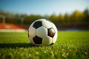 groen arena voetbal bal rust Aan de gras, stadion dreigend ai gegenereerd foto