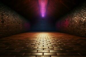 nachtelijk charme 3d illustratie van een steen omringt door een muur gang met neon lichten ai gegenereerd foto