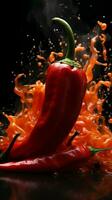een vurig rood Chili peper smeulend met mond brandend intensiteit verticaal mobiel behang ai gegenereerd foto