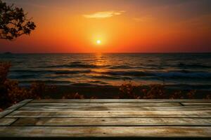 tafel door de kust zee zonsondergangen schoonheid Aan een leeg houten tafel ai gegenereerd foto