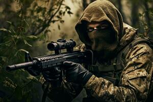 Mens vervelend camouflage kleding en het richten met jacht- geweer. genereren ai foto