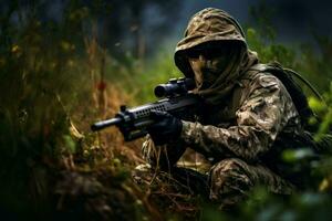 Mens vervelend camouflage en het richten met modern jacht- geweer. genereren ai foto