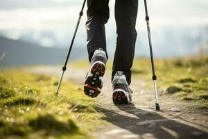 Mens beoefenen nordic wandelen met polen buitenshuis bergen. genereren ai foto