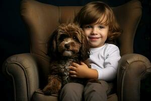 weinig kind met schattig huisdier puppy in fauteuil. genereren ai foto