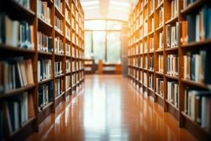 openbaar bibliotheek interieur met wazig boekenplanken, geschikt voor backdrop gebruik ai gegenereerd foto