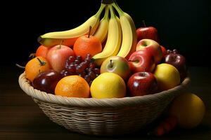 een hoorn des overvloeds van smaken, net zo banaan, perzik, appel, en oranje ontmoeten in een fruit mand ai gegenereerd foto