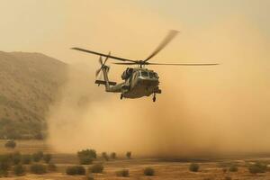 helikopter in de woestijn Bij zonsondergang. Ondiep diepte van veld. ai gegenereerd foto