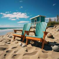 kust vrije tijd stoelen Aan zanderig strand onder blauw lucht en zonnig straling voor sociaal media post grootte ai gegenereerd foto