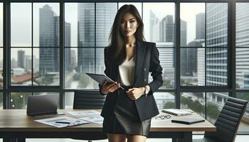 een zelfverzekerd zakenvrouw van Aziatisch afdaling in een modern kantoor, Holding een digitaal tablet met een stad horizon zichtbaar door de ramen achter haar. ai generatief foto