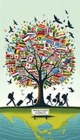 een boom versierd met bladeren gemaakt van nationaal vlaggen. silhouetten van migreren individuen en gezinnen omringen de boom, en vogelstand overhead symboliseren vrijheid en beweging. ai generatief foto