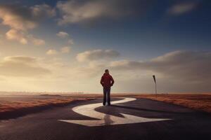 vrouw staand Aan de weg leidend, conceptuele beeld ai gegenereerd foto