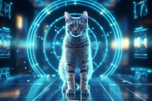 portret van een kat Aan een futuristische achtergrond. 3d renderen ai gegenereerd foto