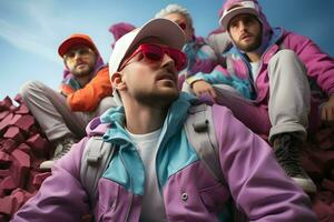 groep van mannen slijtage kleurrijk jasje en zak Bij berg ai generatief foto