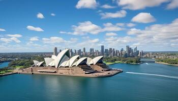sydney, nieuw zuiden Wales, Australië, 2023 - opera huis daglicht helder blauw lucht antenne visie landschap kunsten centrum Australië haven ai gegenereerd foto