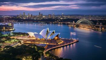 sydney, nieuw zuiden Wales, Australië, 2023 - opera huis zonsondergang avond antenne visie landschap kunsten centrum Australië haven ai gegenereerd foto