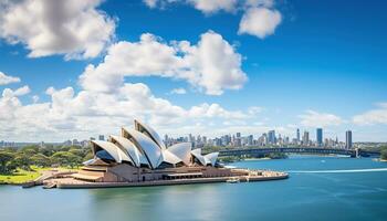 sydney, nieuw zuiden Wales, Australië, 2023 - opera huis daglicht helder blauw lucht antenne visie landschap kunsten centrum Australië haven ai gegenereerd foto