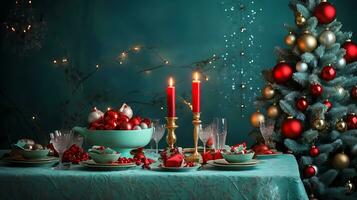 een tafel met Kerstmis mooi decoraties en kaarsen gegenereerd door ai foto