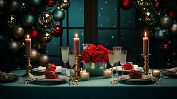 een tafel met Kerstmis mooi decoraties en kaarsen gegenereerd door ai foto