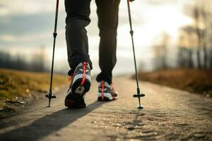 Mens beoefenen nordic wandelen met polen buitenshuis weg. genereren ai foto