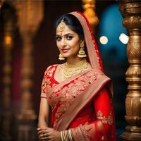 mooi Indisch bruid in rood Lehenga op zoek Bij de camera, traditioneel Indisch bruiloft, generatief ai foto