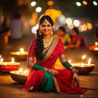 mooi Indisch bruid in rood Lehenga op zoek Bij de camera, traditioneel Indisch bruiloft, generatief ai foto