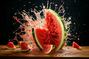 verspreide vers watermeloen exploderend stukken. genereren ai foto