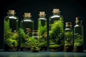 waterbestendig glas fles met groen ecosysteem. genereren ai foto