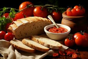 samenstelling van vers paté tomaten en brood voedsel. genereren ai foto