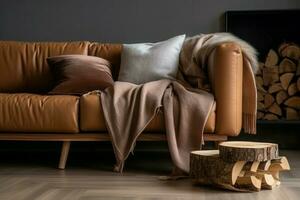 bruin leer sofa met plaid in de buurt brandhout stapel. genereren ai foto
