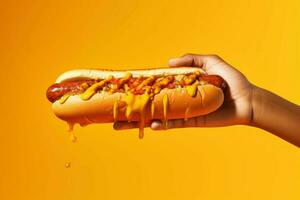 warm hand- nemen hotdog. genereren ai foto