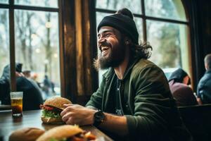 gebaard Mens glimlachen Bij aan het eten hamburger in cafe. genereren ai foto