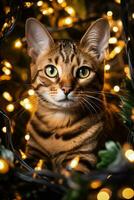 Bengalen kat verstrengeld in Kerstmis lichten belichamen de vakantie geest foto