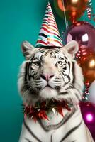 nieuw jaren wit Bengalen tijger met een krans halsband en feestelijk gestreept partij hoed geïsoleerd Aan een helling achtergrond foto