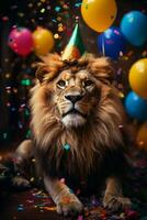 Afrikaanse leeuw in partij hoed vieren nieuw jaar te midden van kleurrijk confetti foto