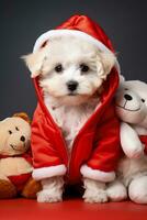 bichon frise puppy in de kerstman kleding met vakantie teddy bears geïsoleerd Aan een helling achtergrond foto