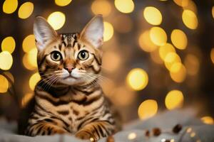 Kerstmis Bengalen kat verstrengeld in vakantie lichten achtergrond met leeg ruimte voor tekst foto