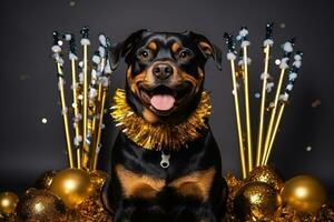 nieuw jaren rottweiler hond Holding een goud en schitteren partij kraker geïsoleerd Aan een wit achtergrond foto